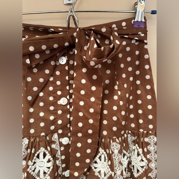 MIGUELINA Brown Polka Dot Print Mini Skirt NEW  w/embroidery lace accents sz s - Picture 4 of 7